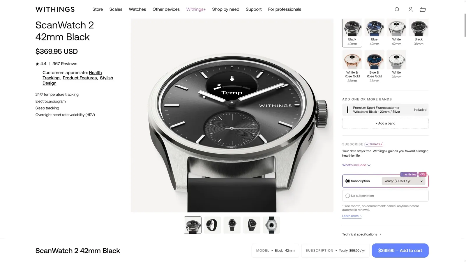 ScanWatch 2 product page: switching models, then adding bands from the drawer