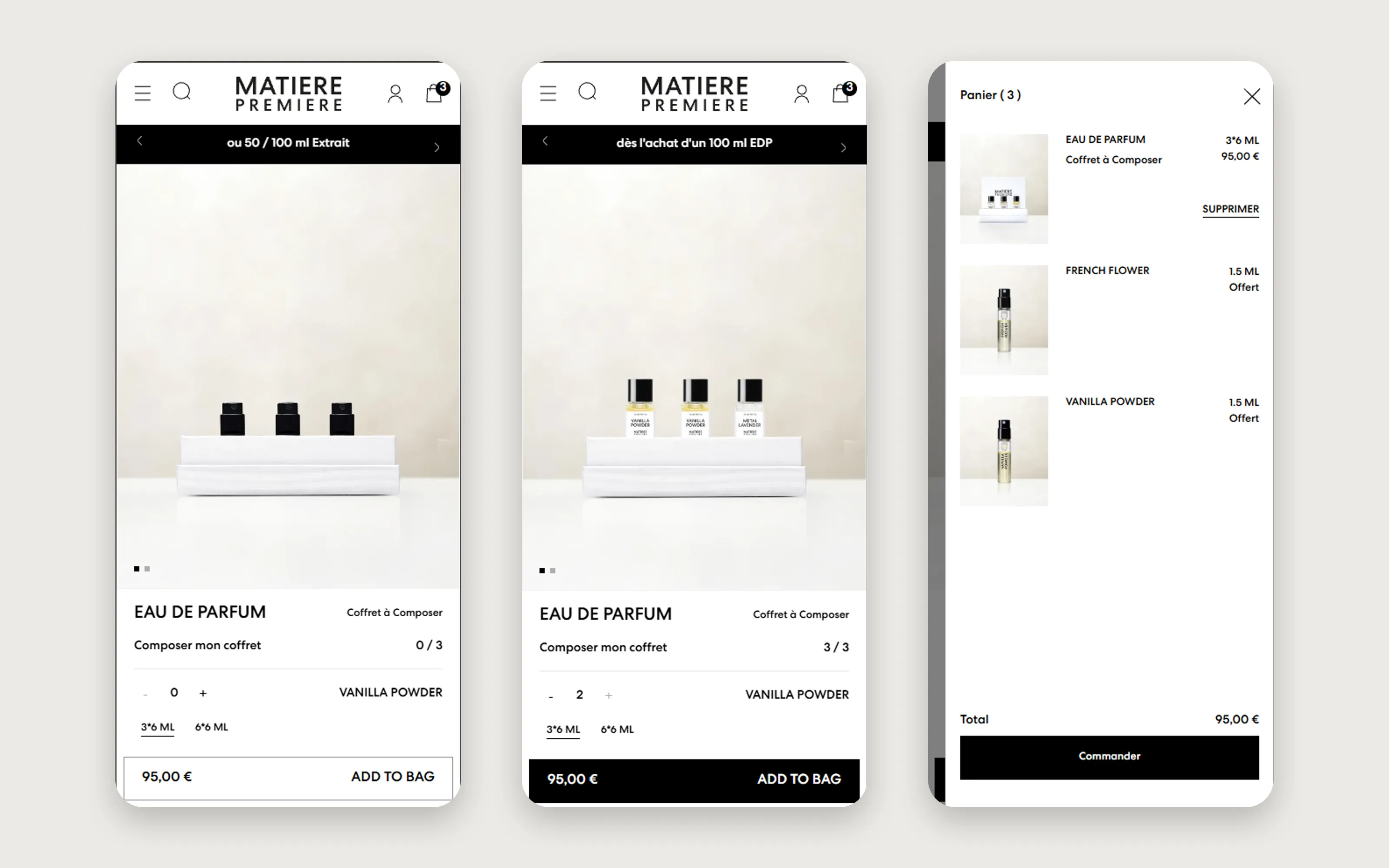 3 mobile screens: empty box, filled box and cart drawer
