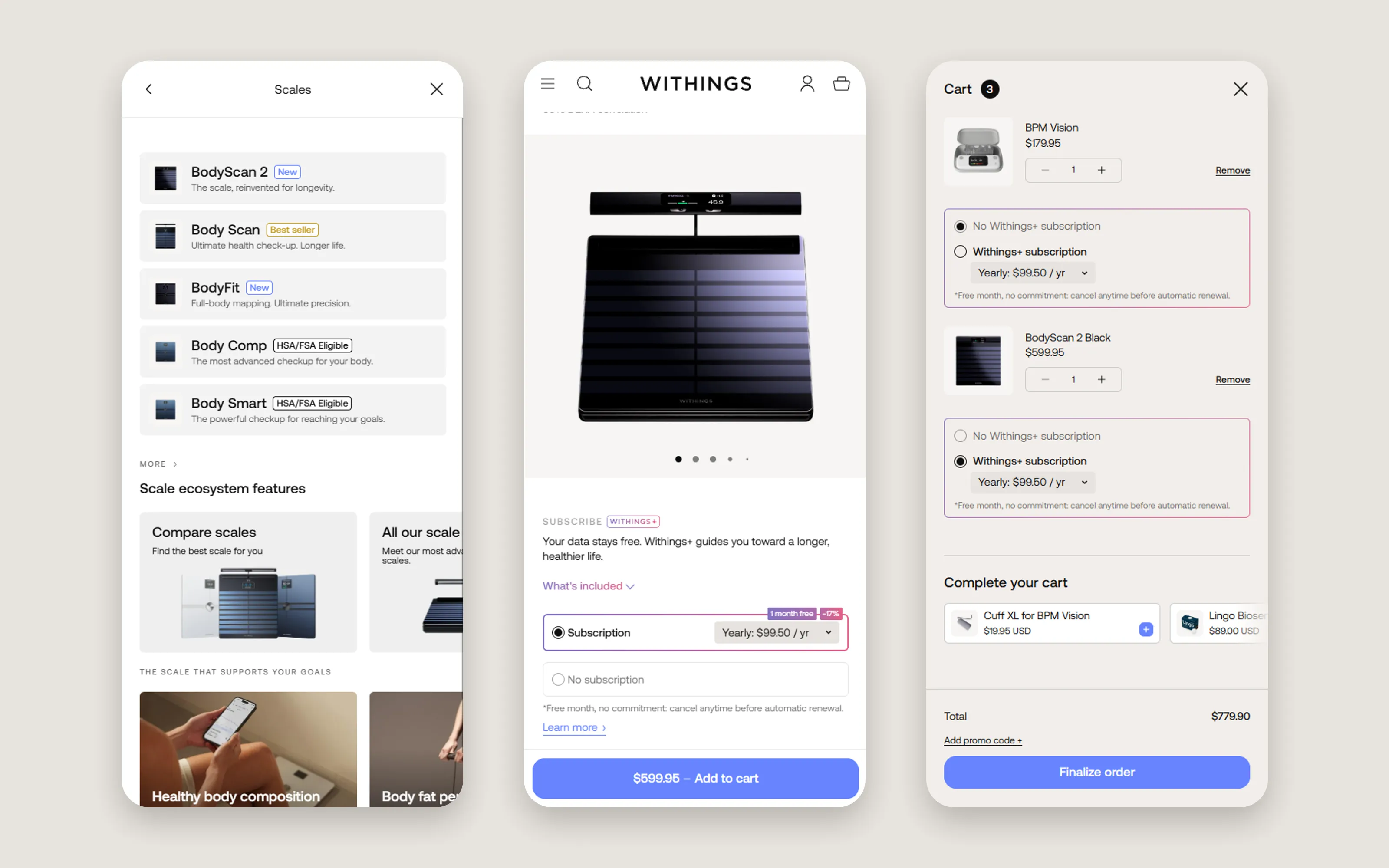 3 mobile screens: mega menu, product page and cart