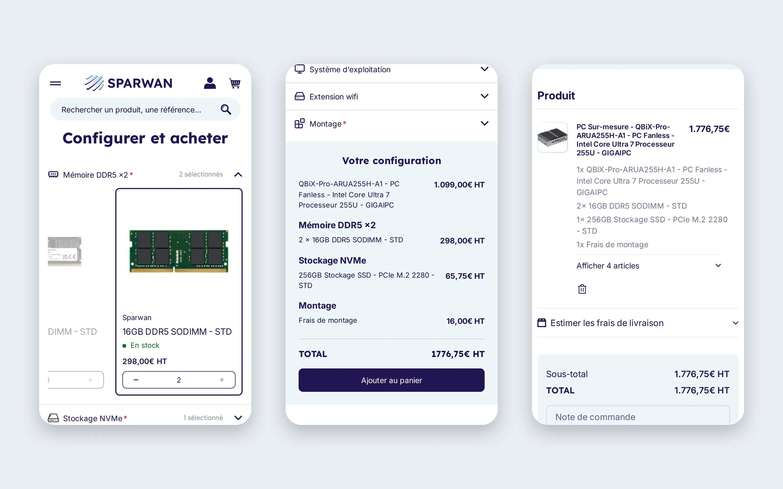 3 mobile screens: memory slots full, summary and cart