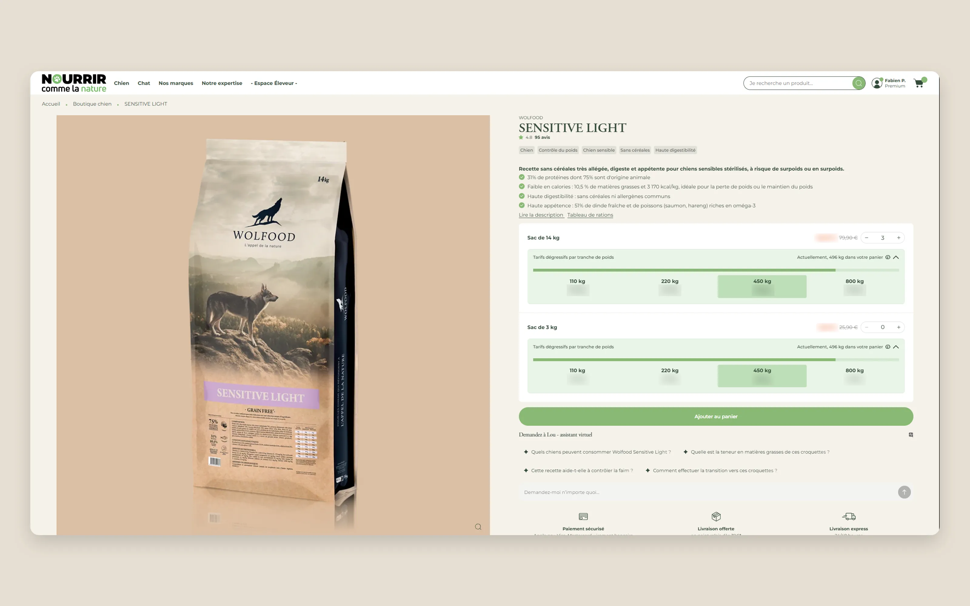 Premium account product page: prices by weight tier