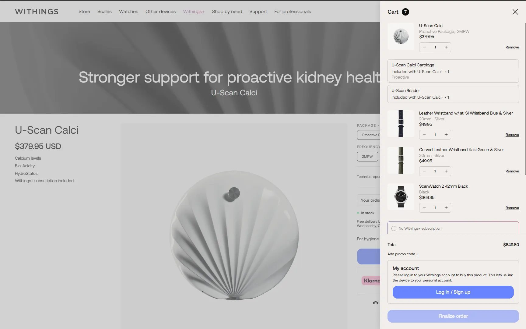 Cart: the U-Scan Calci, its nested included items and the account it requires