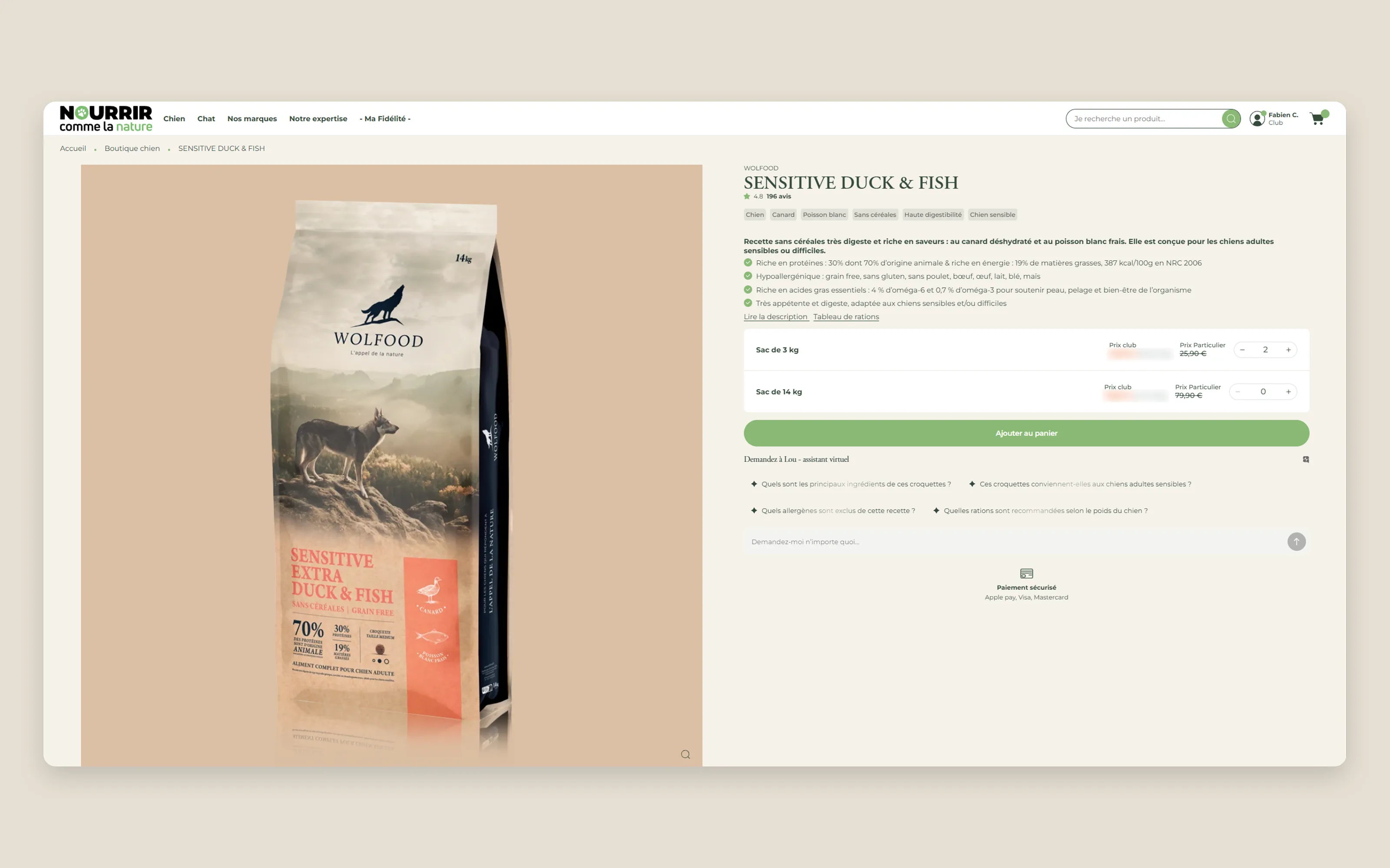 Club account product page: club price next to the retail price