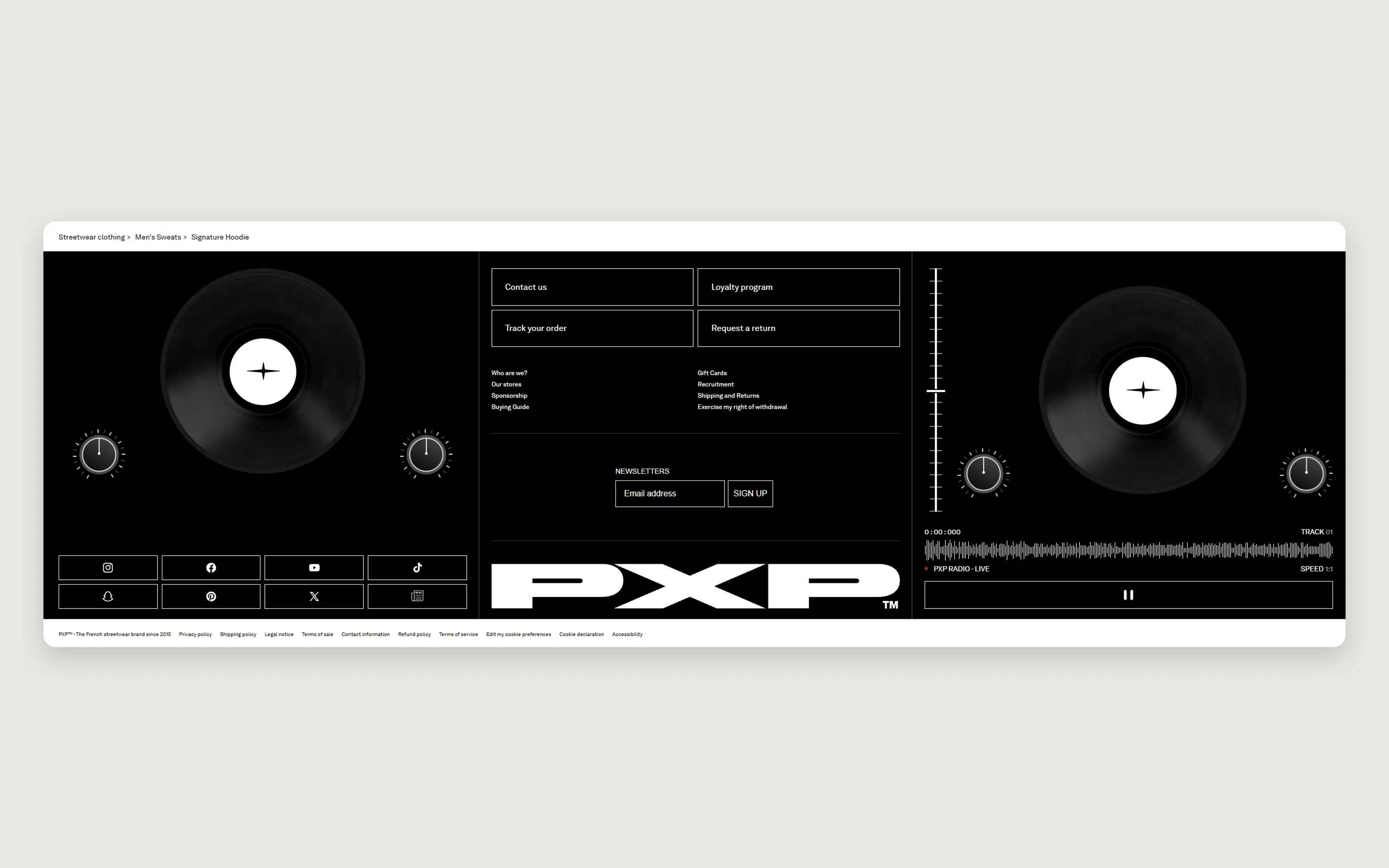 Vinyl footer: two decks and the radio player